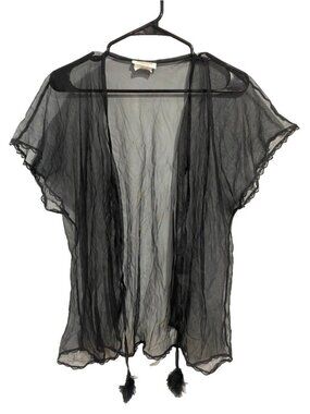 VTG ROMANTIC Sheer Mesh Pom Pom Robe Blk L Lingerie Coquette Boudoir Goth Femme